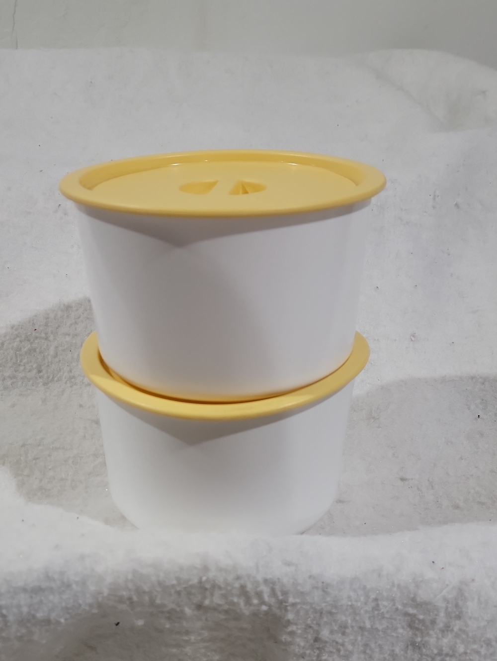 Tupperware White Round Food Containers with Yellow Lids - Set of 2 - Stackable
